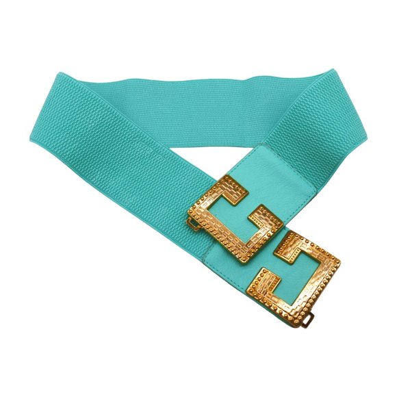 NEW Women Mint Green Shade Elastic Wide Belt Metal C Buckle Adjustable Size S M - Picture 6 of 17